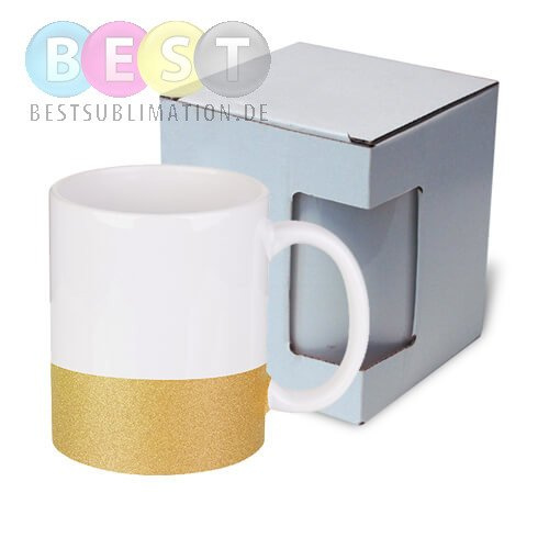 Tasse 330ml, mit Brokatstreifen, Gold, mit Box, für die Sublimation