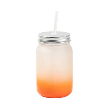 Becher, "Mason Jar", 450 ml, satiniert, mit Strohhalm, Orange, für die Sublimation