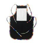 Kinderschürze, mit Tasche, mit bunten Paspeln, Schwarz mit weißen slawischen Blüten, für den Sublimationsdruck