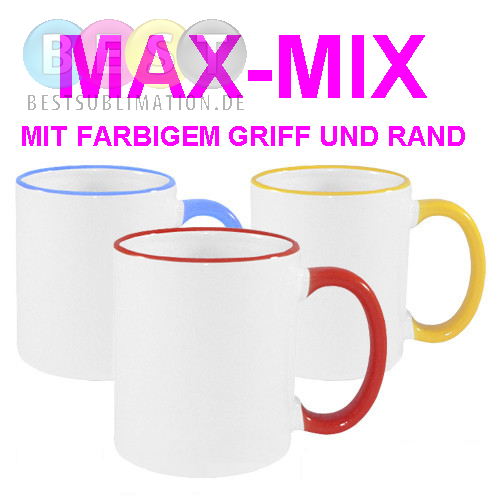 144 Tassen 450ml MAX, Farbiger Griff und Rand, MIX diverser Farben, für die Sublimation