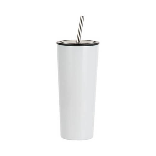 Tumbler-Becher, 650 ml, Edelstahl, Weiß, mit Trinkhalm, für den Sublimationsdruck.