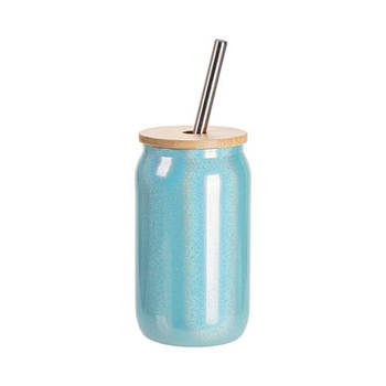 Glas, 400 ml, mit Deckel aus Bambus und Trinkhalm, Hellblauer Brokat, für den Sublimationsdruck.
