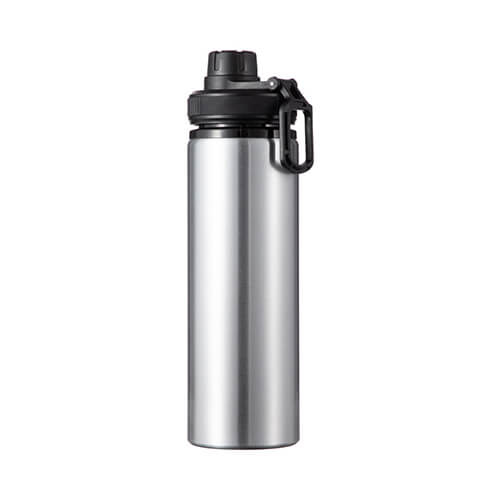Fahrradflasche, Aluminium, Silber, 850 ml, Verschluss mit schwarzem Besatz, für den Sublimationsdruck
