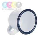 Metallbecher 100 ml, emailliert, weiß mit dunkelblauem Rand, für die Sublimation