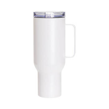 Becher, 1200 ml, Edelstahl, Weiß matt, mit Griff und Trinkhalm, für den Sublimationsdruck.