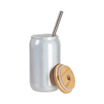 Glas, 400 ml, mit Deckel aus Bambus und Trinkhalm, Weißer Brokat, für den Sublimationsdruck.