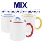 144 Tassen 330ml, Farbiger Griff und Rand, MIX diverser Farben, für die Sublimation