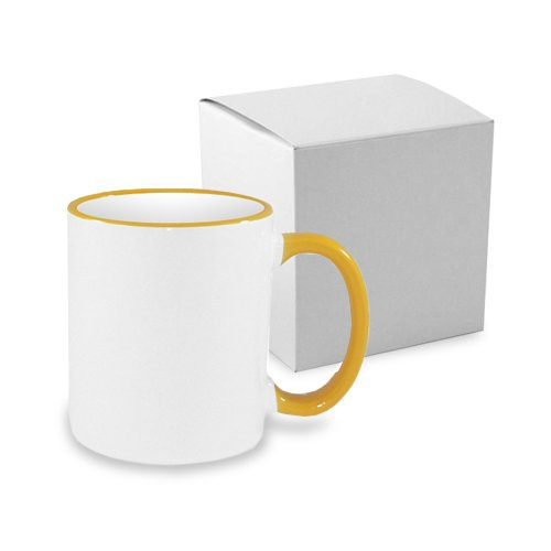 Tasse 330ml, ECO, goldgelber Griff und Rand, mit Box, für die Sublimation