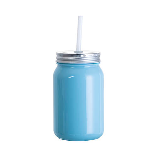 Becher, "Mason Jar", 450 ml, Full Color, Glas, Blau, mit Trinkhalm, für die Sublimation