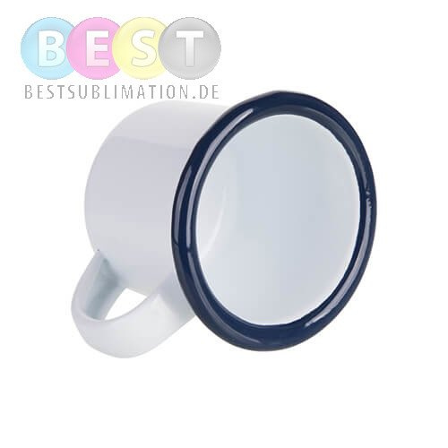Metallbecher 100 ml, emailliert, weiß mit dunkelblauem Rand, für die Sublimation