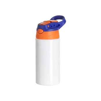 Weiße 500-ml-Aluminiumflasche mit orangefarbenem Verschluss und marineblauem Griff zur Sublimation