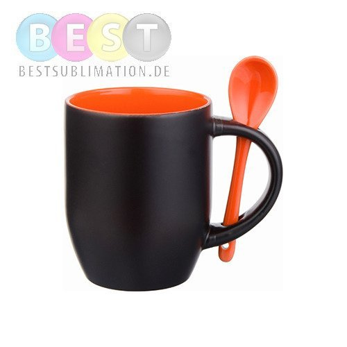 Zaubertasse mit Löffel, Schwarz matt mit orangener Innenseite, für die Sublimation