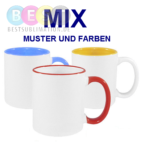 144 Tassen 330ml, Farbiger Griff und Rand, Farbige Innenseite, FUNNY, MIX diverser Farben, für die Sublimation