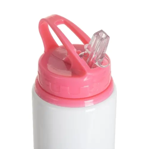 Aluminiumflasche mit Ausgießer, 600 ml, weiß, mit rosa Verschluss und Sublimationshalter