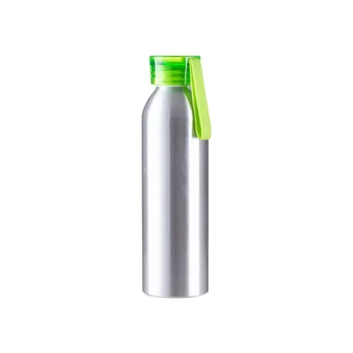 Sportliche Aluminium-Wasserflasche 650 ml silber mit hellgrünem Verschluss und Sublimationsstreifen