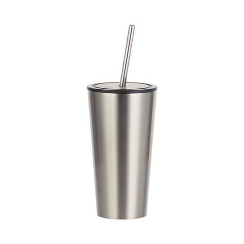 Tumbler-Becher, 480 ml, mit Trinkhalm, Rostfreier Stahl, Silber, für den Sublimationsdruck.