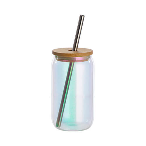 Glas, 550 ml, mit Deckel aus Bambus und Trinkhalm, Hellblau schillernd, für den Sublimationsdruck.
