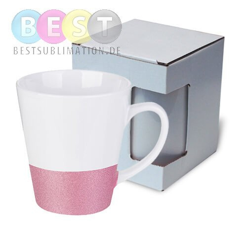 Latte-Tasse 300 ml, mit Brokatstreifen, Rosa, mit Box, für die Sublimation