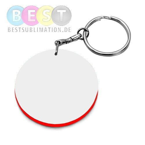 Schlüsselanhänger, Rund, 39 mm, Kunststoff, Weiß mit rotem Rand, für den Sublimationsdruck