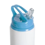 Aluminiumflasche mit Ausgießer, 600 ml, weiß, mit hellblauem Verschluss und Sublimationshalter