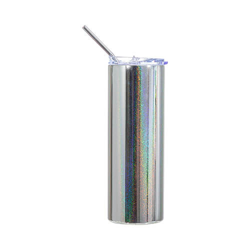 Becher, 600 ml, mit Trinkhalm, Silber Metallic, für den Sublimationsdruck.