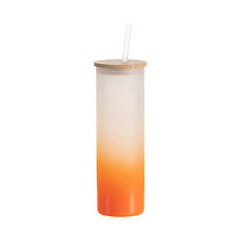 Becher, 600 ml, satiniert, Orange, mit Deckel aus Bambus und Trinkhalm, für den Sublimationsdruck.