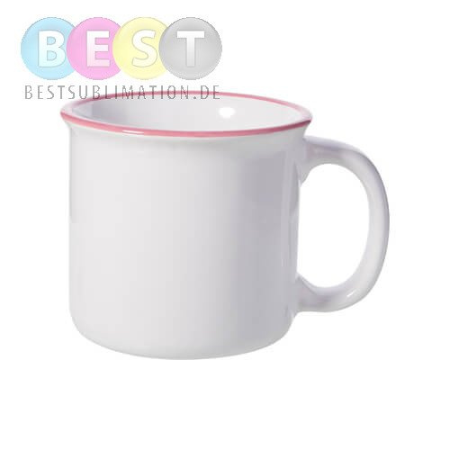 Keramischer Becher 300ml, emailliert, weiß mit rosa Rand, für die Sublimation