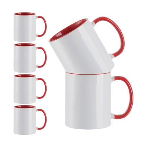 Tassen-Set, 6 Stck.  330 ml, Rote Innenseite und Griff, A+, für die Sublimation