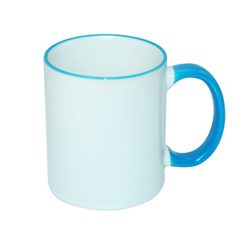 Tasse 330ml, ECO, hellblauer Griff und Rand, für die Sublimation