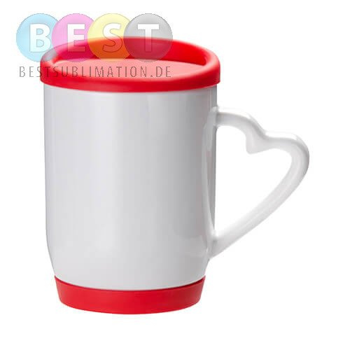 Tasse 360 ml, mit rotem Deckel und Untersetzer aus Silikon, Herzgriff, für die Sublimation