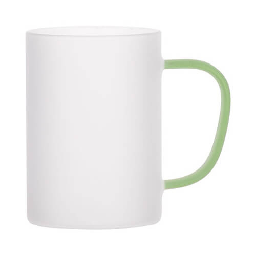 Tasse 360 ml, Glas, satiniert, mit hellgrünem Griff, für die Sublimation