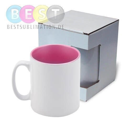 Tasse 300ml, weiß mit rosafarbener Innenseite, mit Karton, für die Sublimation.