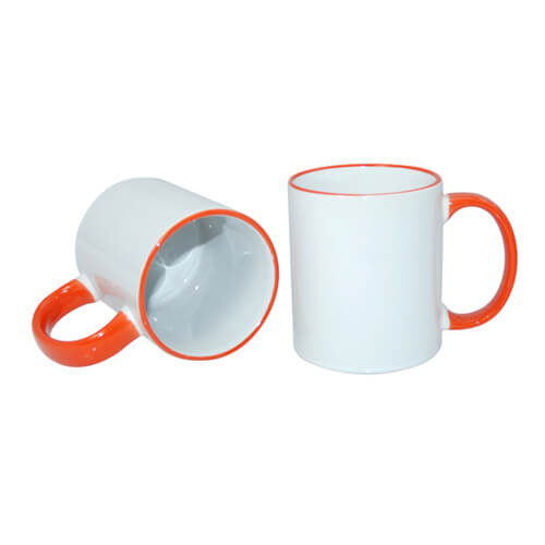 Tasse 330ml, A+, orangener Griff und Rand, für die Sublimation