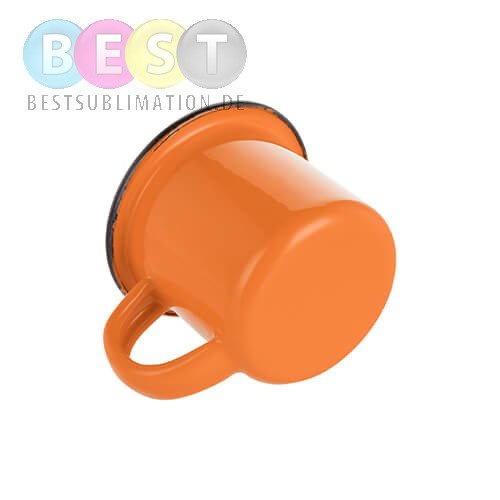Metallbecher 100 ml, emailliert, orange mit schwarzem Rand, für die Sublimation
